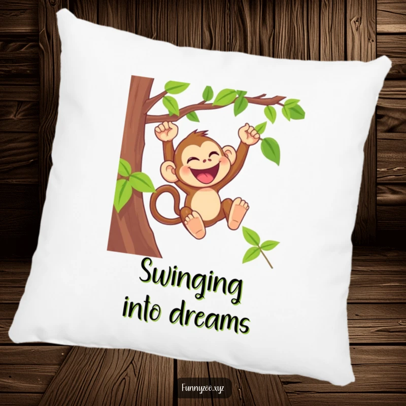 Funny monkey pillow featuring a laughing primate swinging from a vine, perfect for cozying up.