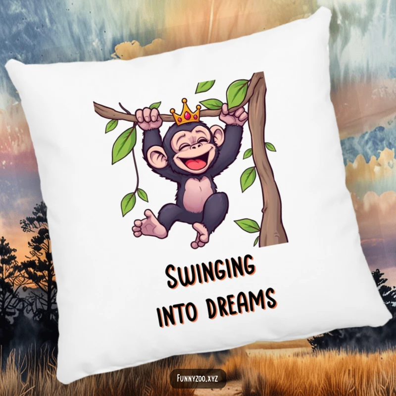 Funny pillow featuring a giggling crowned chimpanzee swinging wildly from a vine, designed for maximum comfort and comedic effect.