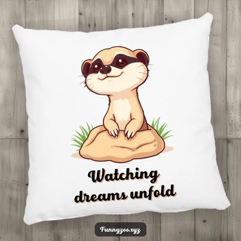 Funny curious meerkat pillow, soft and decorative, showing a meerkat popping its head out of a burrow, looking attentive.