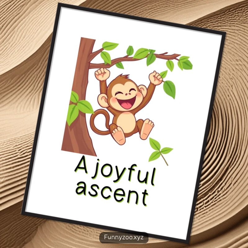 Funny monkey digital art print of a laughing primate swinging joyfully from a vine.