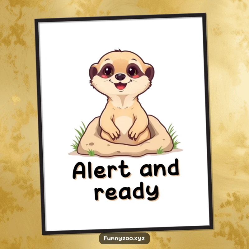 Funny Digital Art Print of a happy meerkat popping out of its burrow, a high-resolution, humorous illustration ready for instant download and display.