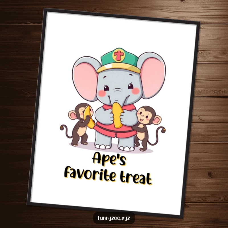 Funny Digital Art: Cute elephant zookeeper cheerfully offers a banana to a monkey, vibrant and humorous printable artwork.