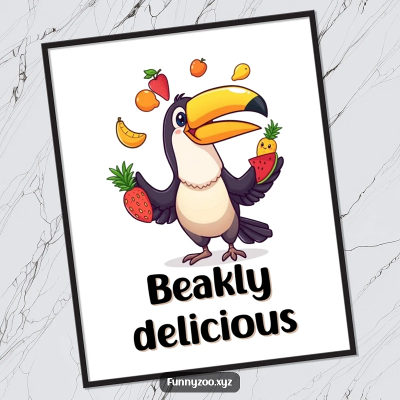 Funny Toucan Juggler Digital Art: High-resolution digital artwork of a comical toucan expertly juggling colorful fruits.