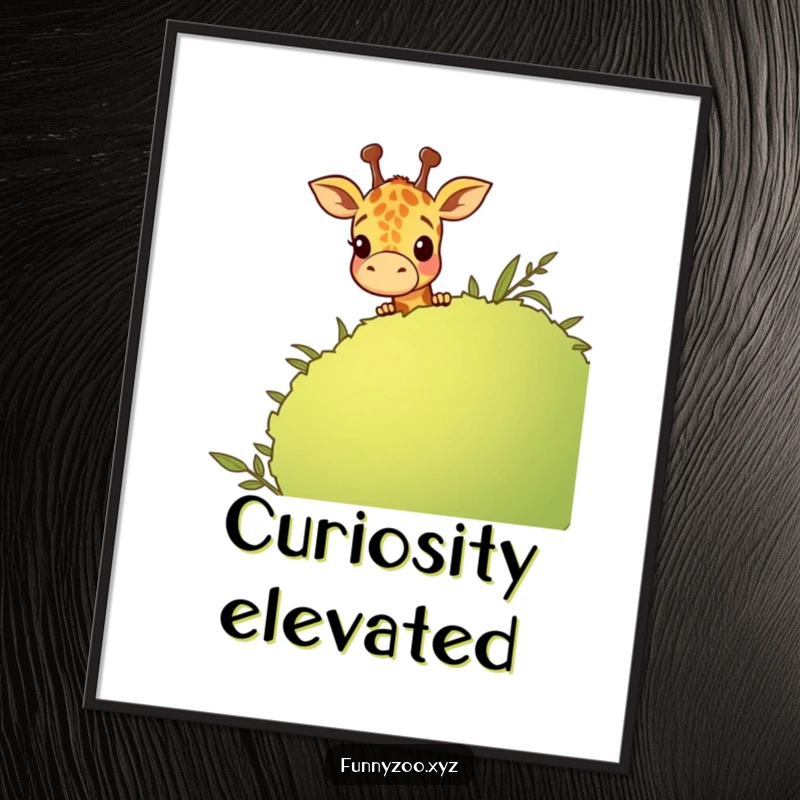 Funny cartoon giraffe peeking over a green bush, a high-quality digital art print radiating curiosity and humor.