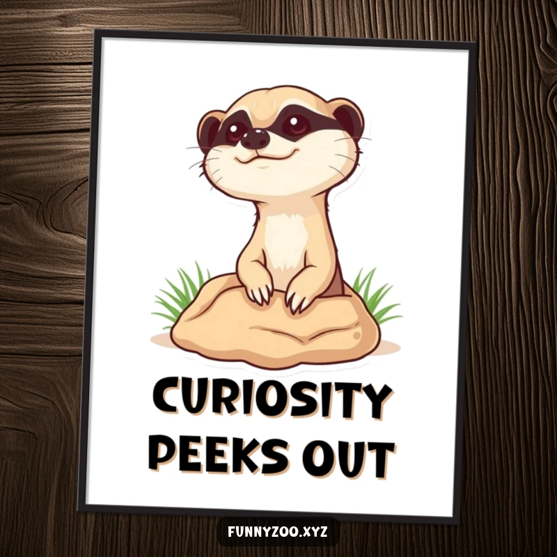 Funny curious meerkat digital art print, depicting a meerkat popping its head out of a burrow, ready for instant download.