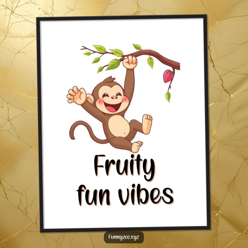 Funny cartoon monkey swinging energetically from a vine, presented as a high-resolution digital art print for instant download.