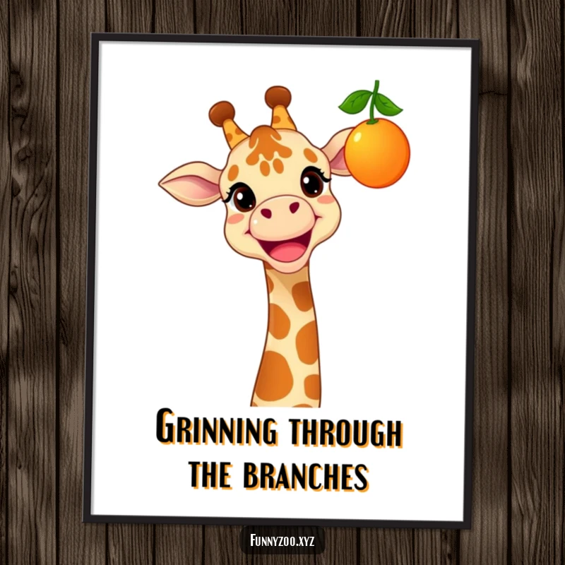 Funny digital art print of a cheerful giraffe with a wide grin, reaching for a dangling, colorful fruit.