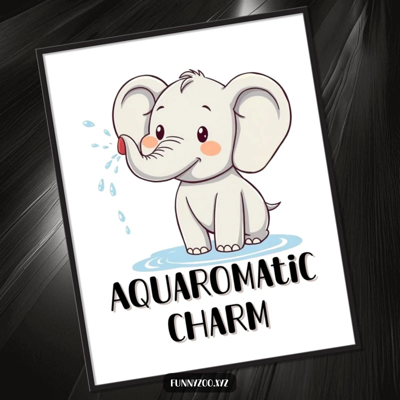 Funny elephant digital art print of a happy elephant character spraying water, ready to be printed and bring humor to any wall.