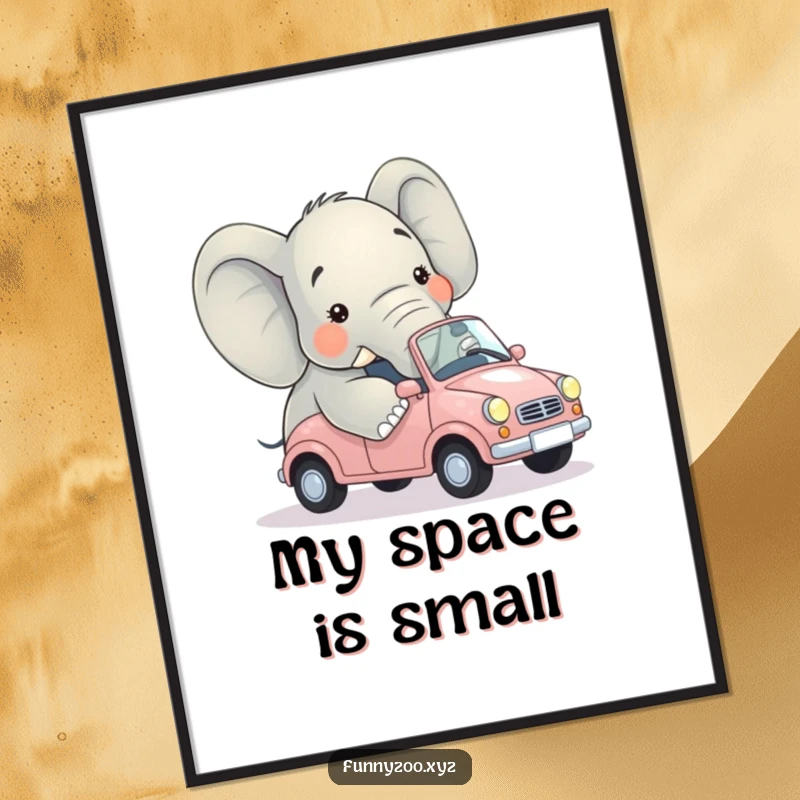 Funny digital art of a large elephant comically attempting to enter a tiny car, a hilarious visual statement piece.