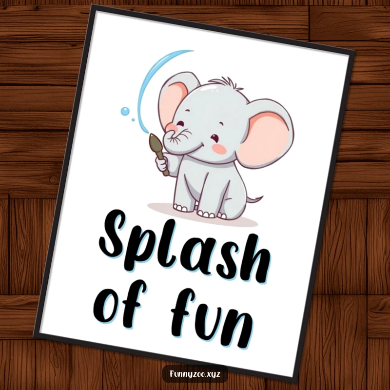 Funny elephant digital art print of a cheerful character spraying water, offering instant joy and playful decoration.