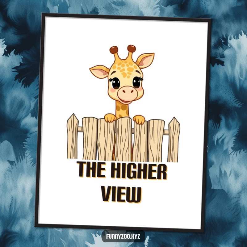 Funny Digital Art: Cheerful giraffe curiously peering over a tall fence with amusement, charming and humorous printable artwork.