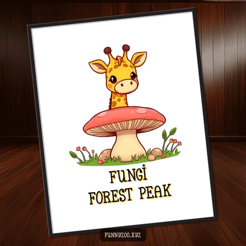 Funny Giraffe Mushroom Peek Digital Art Print: A high-resolution image of a cheerful giraffe peeking over a mushroom, for whimsical wall decor.