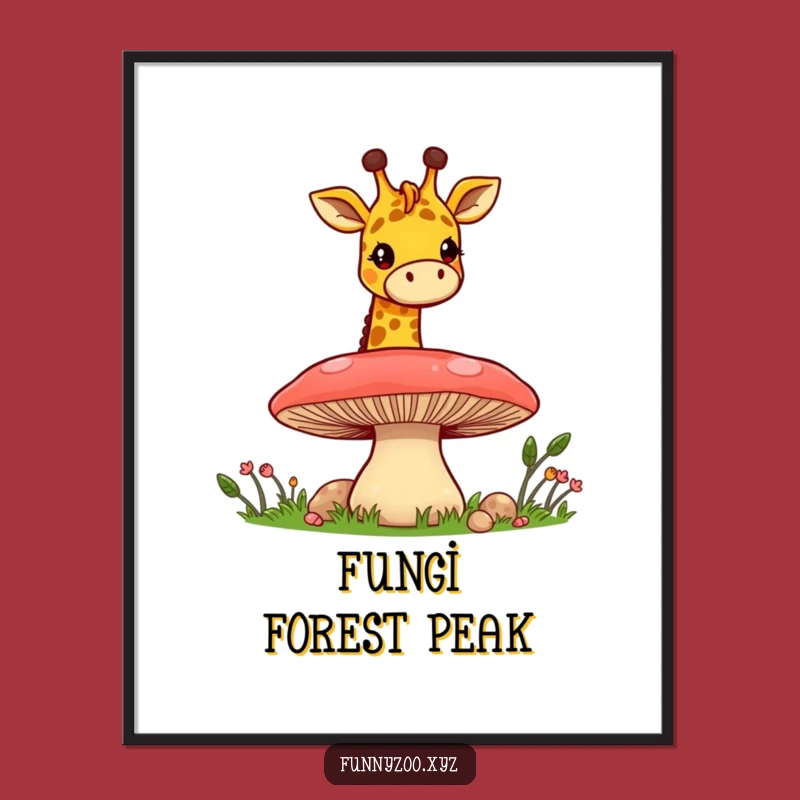 Funny Giraffe Mushroom Peek Digital Art: Whimsical Character Decor