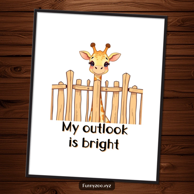 Funny digital art of a happy giraffe's head peeking over a tall fence, a cheerful and whimsical statement piece.