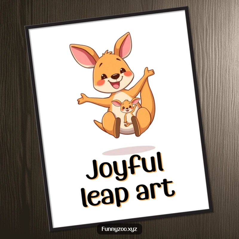 Funny Kangaroo Digital Art Print: A vibrant depiction of a happy kangaroo mom bouncing high with her joey in the pouch, bringing joy to any room.