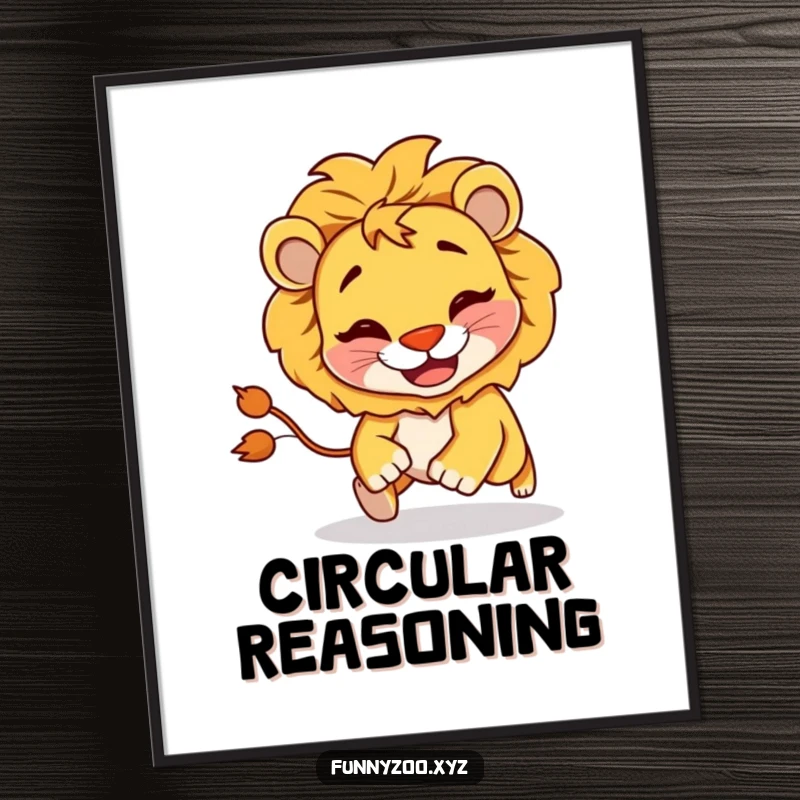 Funny Lion Chasing Tail Digital Art Print: A high-resolution image of a mischievous lion chasing its tail, for goofy wall decor.
