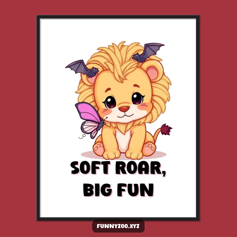 Funny Lion Cub Digital Art: Printable Playfulness with Yarn Mane and Butterfly