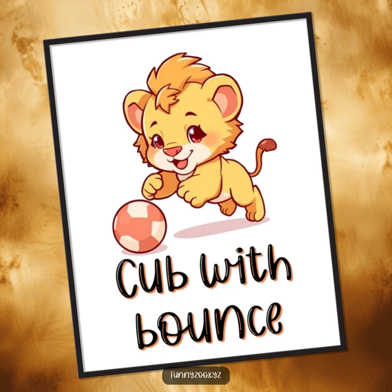 Funny Lion Cub Pounce Digital Art: High-resolution digital artwork of a cute lion cub playfully pouncing on a bouncing ball.