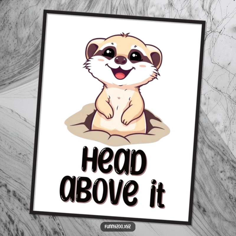 Funny digital art print of a happy meerkat character popping its head out of a hole, radiating curiosity and cheerful vigilance.