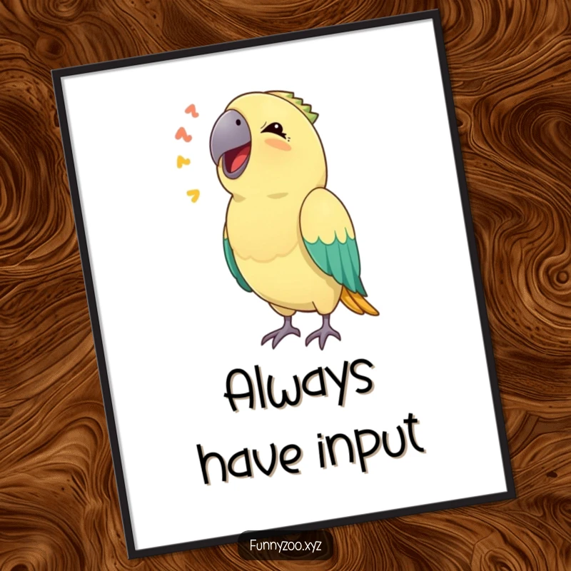 Funny digital art print of a parrot hilariously mimicking a sound, ready for immediate download and display.