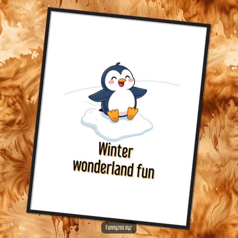Funny cartoon penguin gleefully sliding down an icy slope, presented as a high-resolution digital art print for instant download.