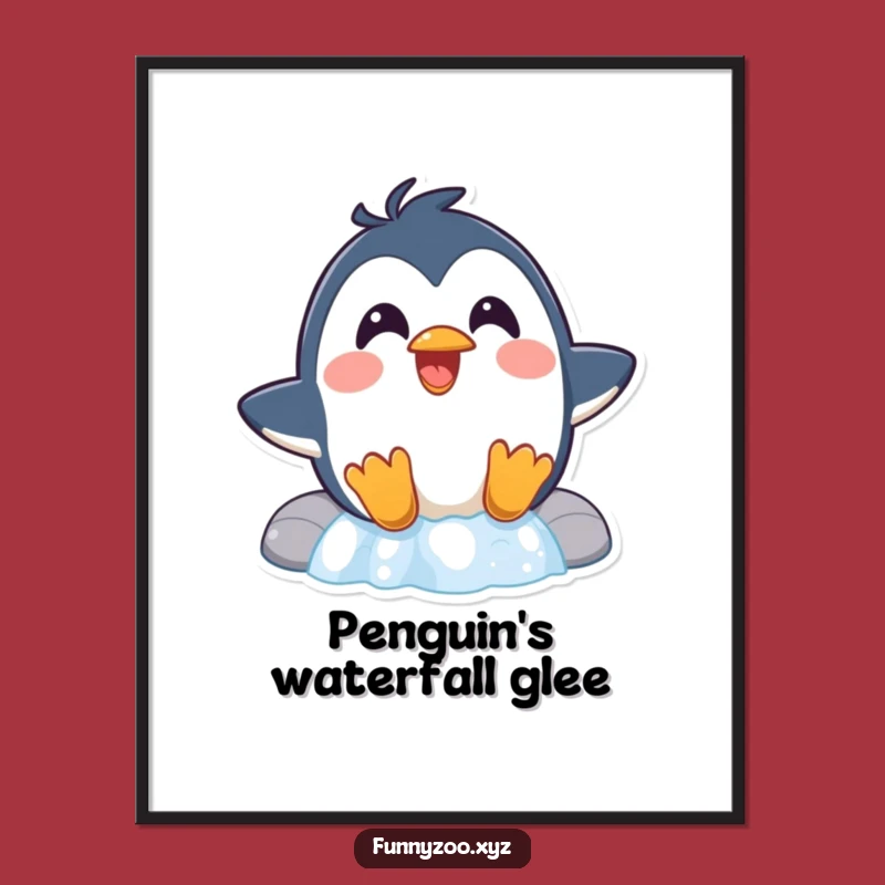 Funny Penguin Waterfall Digital Art A Surprised Sliding Bird Print