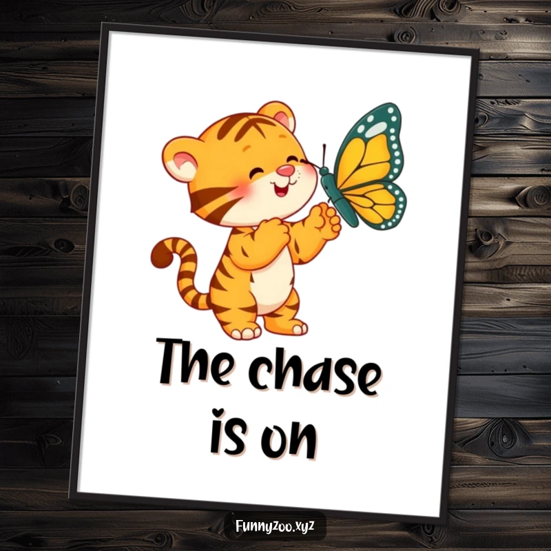 Funny Tiger Digital Art: A playful tiger is shown batting at a large, dangling butterfly.