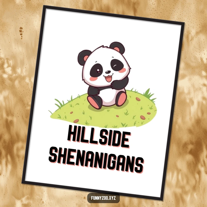 Funny digital art print of a mischievous panda rolling down a grassy hill, capturing a moment of pure, hilarious, uninhibited joy.