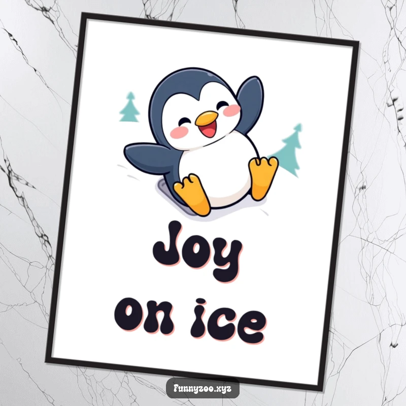 Funny penguin digital art print of a joyful character sliding down a snowy hill with a big grin, for instant humorous decor.