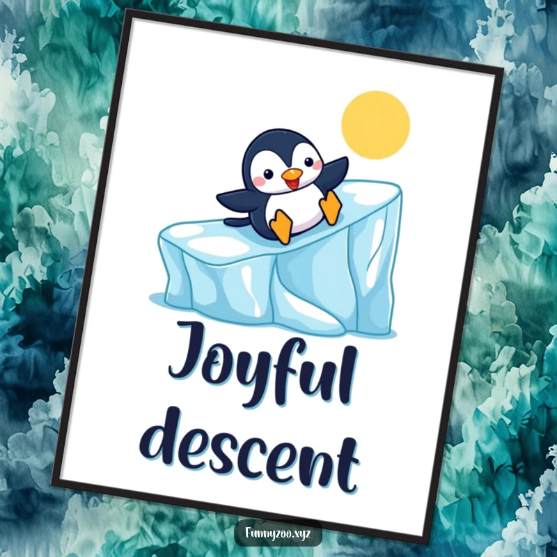 Funny Penguin Slide Digital Art Print, full of cheer and winter fun, perfect for arctic-themed decor, a funny gift.