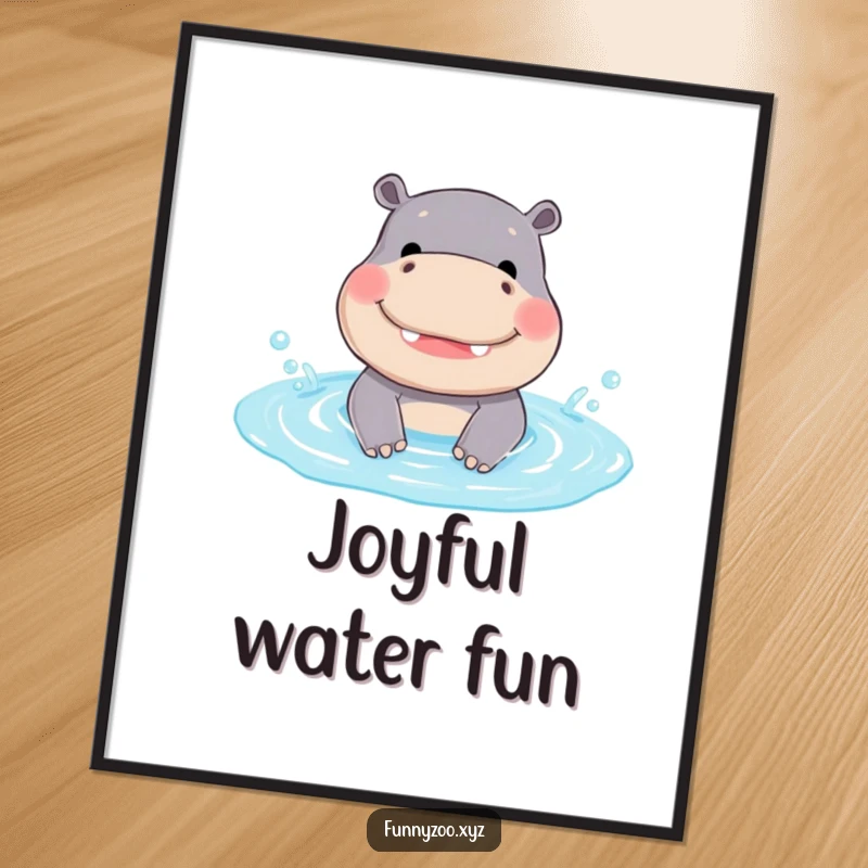 Funny Hippo Digital Art: A smiling hippo is captured mid-splash in a tiny pool, creating a funny, joyful, and vibrant artwork.