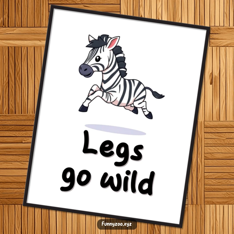 Funny digital art print of a playful zebra character galloping with legs kicking, capturing a dynamic moment of pure, uninhibited fun.