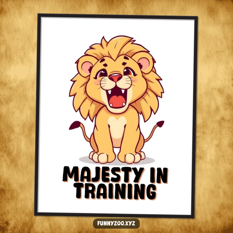 Funny lion cub digital art print of a determined young lion cub cub practicing its majestic roar, ready to add fierceness.
