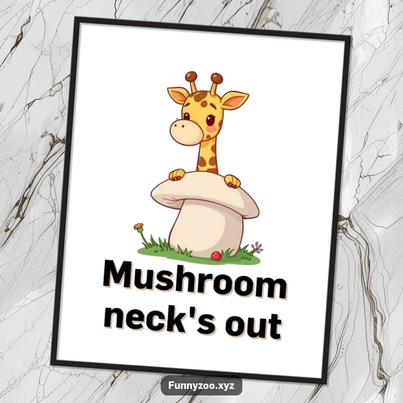 Funny Giraffe Mushroom Digital Art Print a cheerful giraffe playfully peeks over a giant mushroom, offering immediate humorous decoration and a whimsical atmosphere.