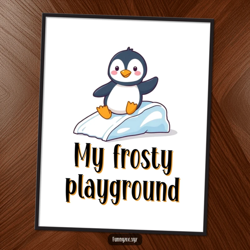 Funny Digital Art: Playful penguin sliding down a miniature ice slide, a charming and humorous printable artwork.