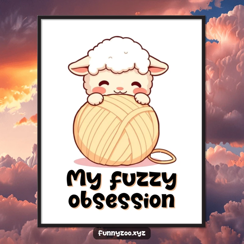 Funny Digital Art: Fluffy sheep playfully headbutting a giant yarn ball, a charming and humorous printable artwork.