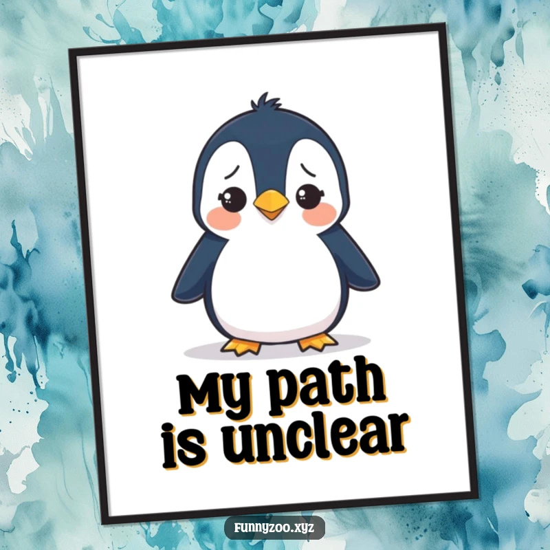 Funny digital art of a penguin waddling with a confused expression, a comical and endearing piece for any wall.