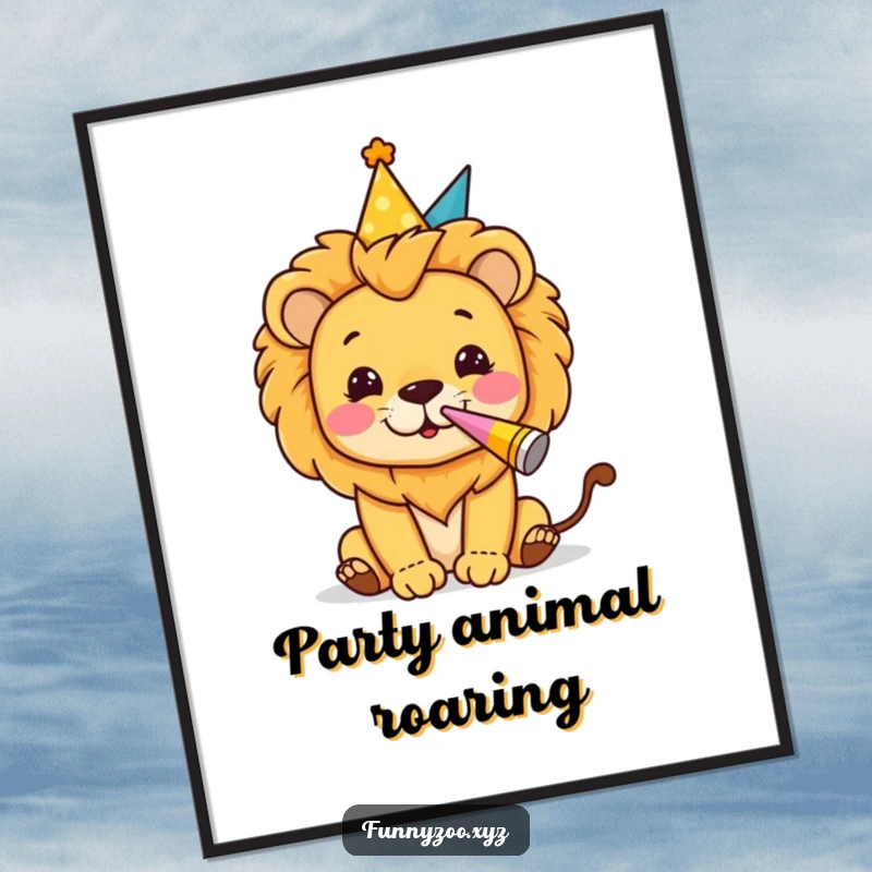 Funny digital art of a lion character in a party hat blowing a party horn, a vibrant and celebratory printable.