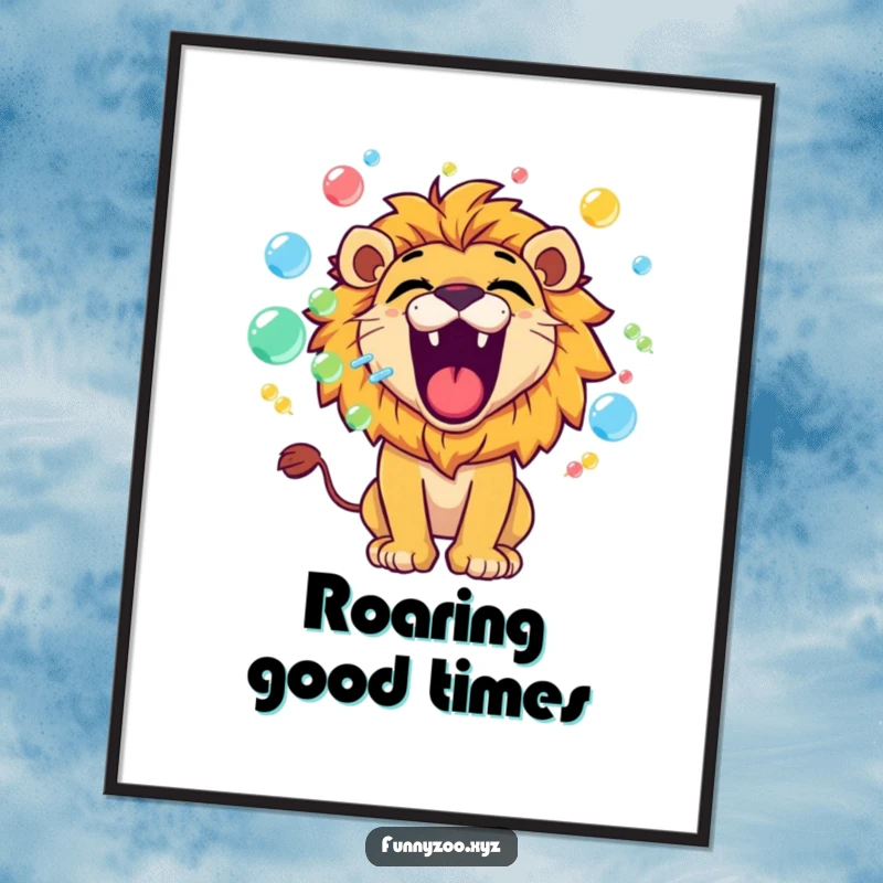 Funny lion digital art print of a playful character roaring and blowing colorful bubbles, for instant humorous and whimsical decor.