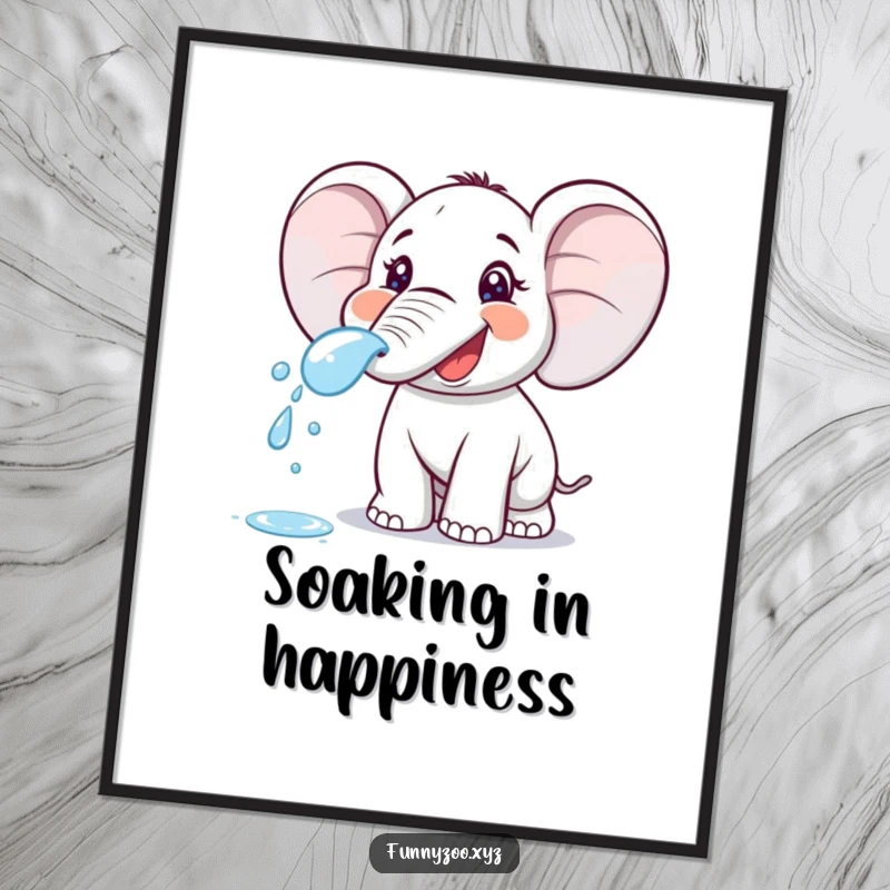 Funny cartoon elephant joyfully spraying water from its trunk, presented as a high-resolution digital art print for instant download.