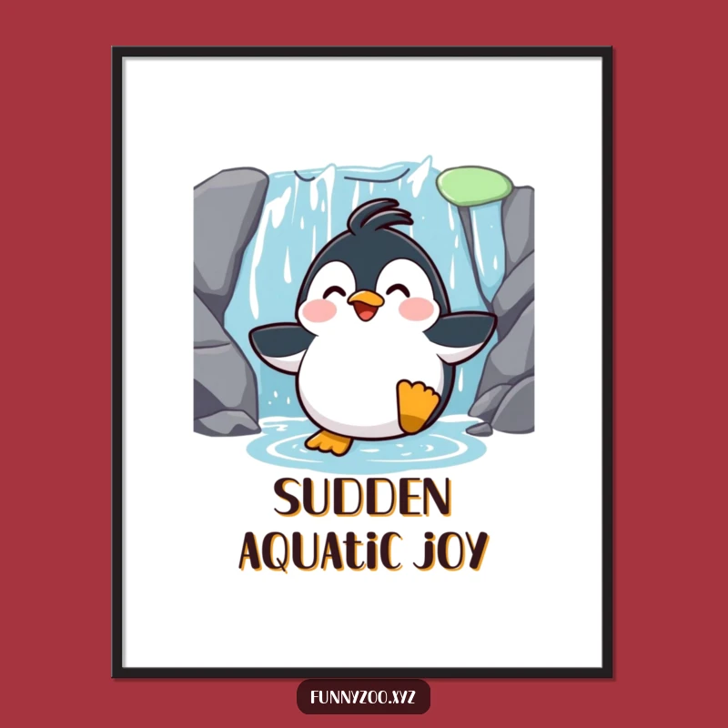 Funny Penguin Waterfall Slide Digital Art: Surprised Character Decor