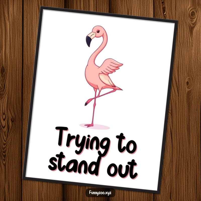 Funny digital art print of a flamingo hilariously trying to balance in a handstand, ready for immediate download and display.