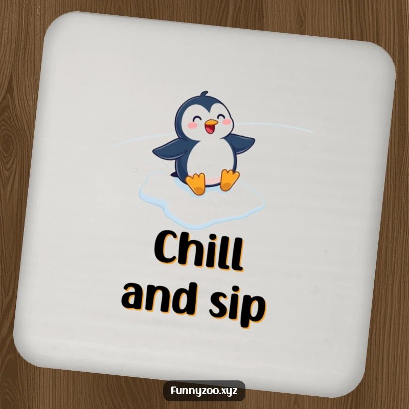Funny cartoon penguin sliding down an icy slope on a drink coaster. Protects furniture with arctic humor.