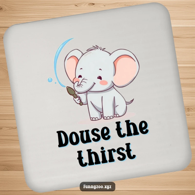 Funny elephant drink coasters showcasing a cheerful character spraying water, protecting tables with playful charm.