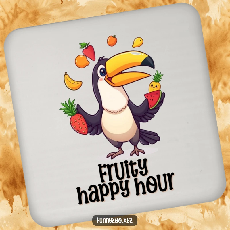 Funny Toucan Juggler Coaster: Artistic coaster featuring a comical toucan juggling colorful fruits with a playful expression.