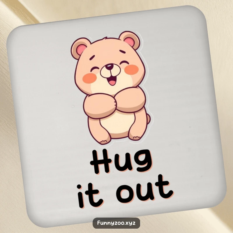 Funny cheerful bear coaster, showing a bear giving a big, warm, and happy hug, adding personality to drink placement.