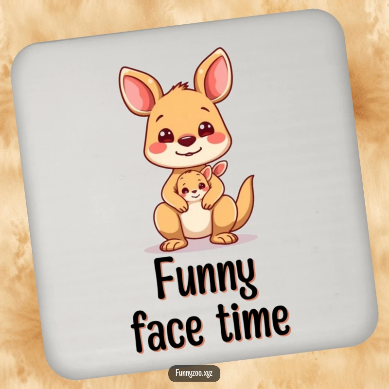 Funny Kangaroo Coasters: Kangaroo and joey making funny faces, protecting surfaces.