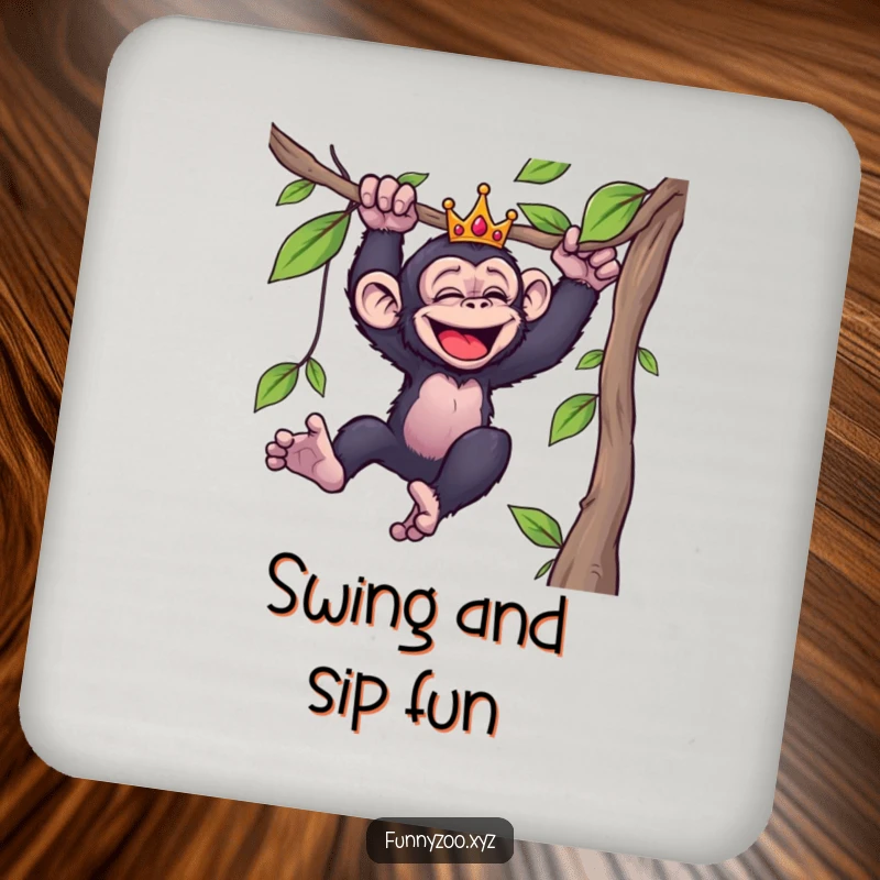 Funny drink coaster illustrating a giggling crowned chimpanzee swinging from a vine, protecting surfaces with a smile.