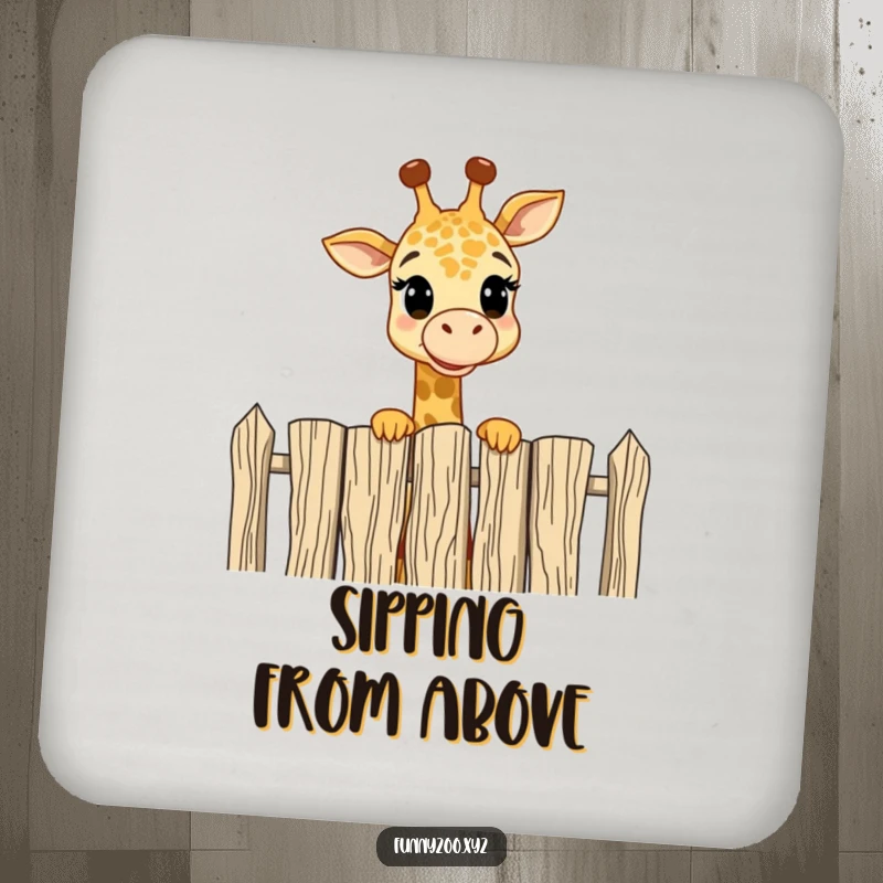 Funny Coaster: Cute giraffe peeking over a tall fence with amusement, protecting surfaces with humorous charm.