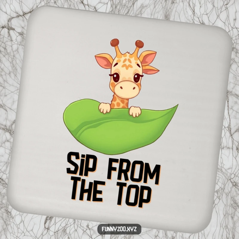 Funny Giraffe Giggle Coaster peeking over a giant leaf, protecting surfaces with playfulness and charm, a charming funny gift.